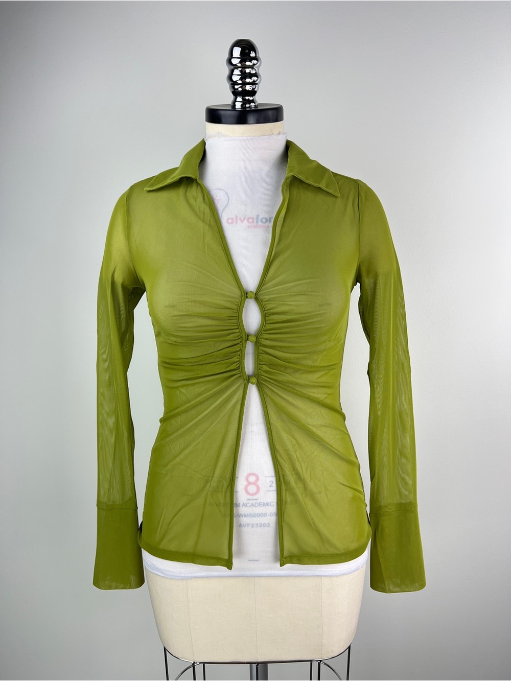 💚 3691. Green Ruched Mesh Button-Front Women's Top